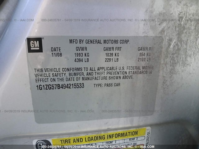 1G1ZG57B494215533 - 2009 CHEVROLET MALIBU LS SILVER photo 9