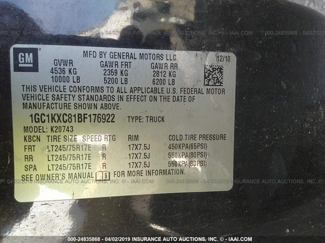 1GC1KXC81BF176922 - 2011 CHEVROLET SILVERADO K2500 HEAVY DUTY LT BLACK photo 9