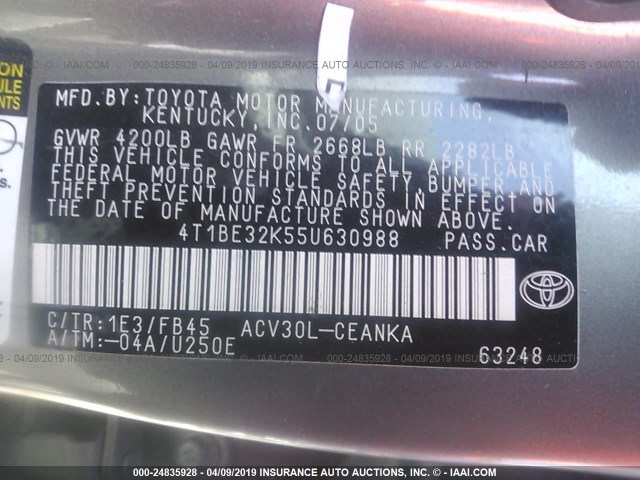 4T1BE32K55U630988 - 2005 TOYOTA CAMRY LE/XLE/SE GRAY photo 9