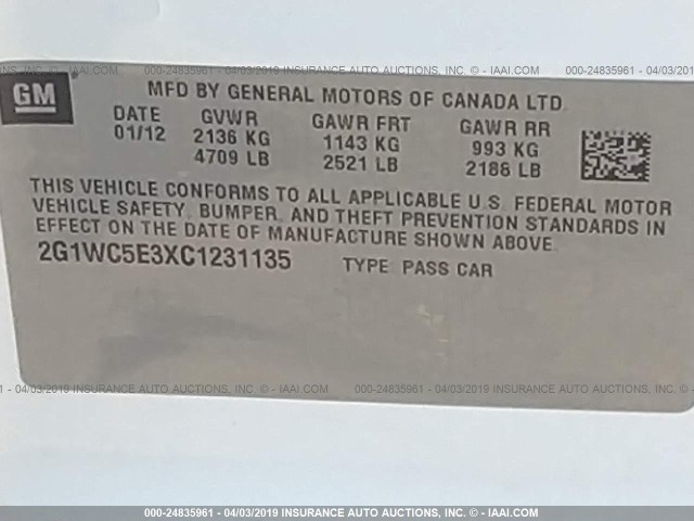 2G1WC5E3XC1231135 - 2012 CHEVROLET IMPALA LTZ WHITE photo 9