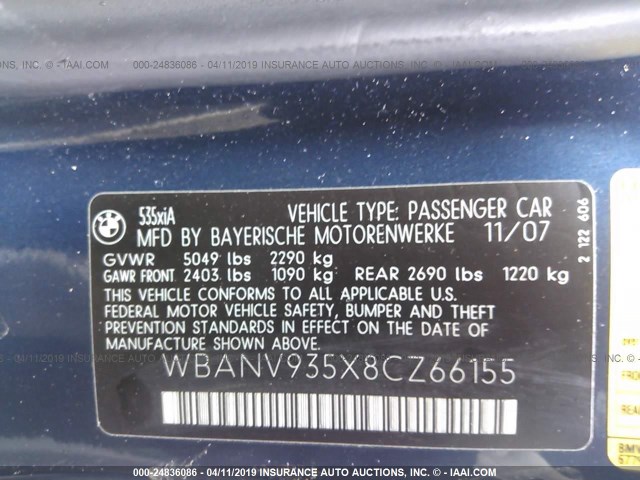 WBANV935X8CZ66155 - 2008 BMW 535 XI BLUE photo 9