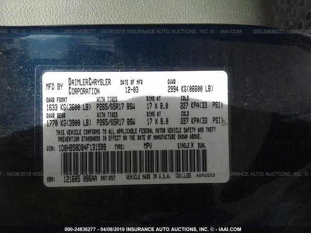 1D8HB58D84F131599 - 2004 DODGE DURANGO LIMITED BLUE photo 9