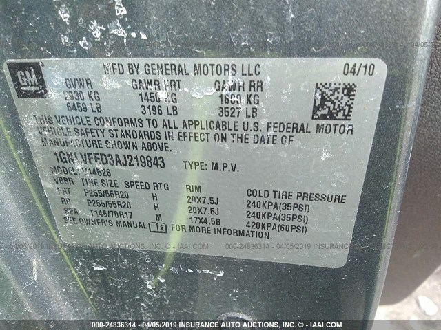 1GNLVFED3AJ219843 - 2010 CHEVROLET TRAVERSE LT GRAY photo 9