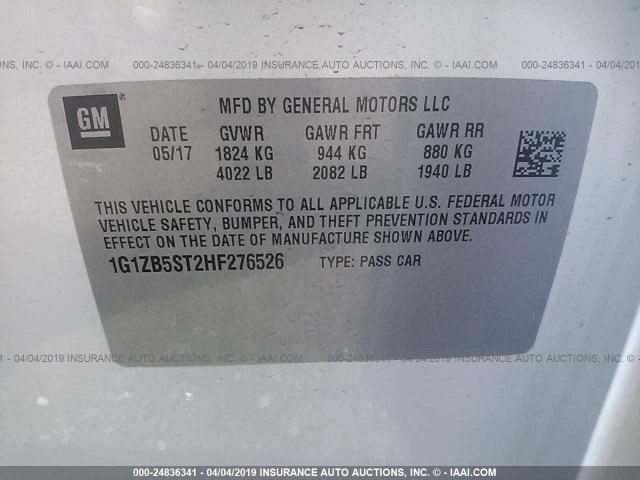 1G1ZB5ST2HF276526 - 2017 CHEVROLET MALIBU LS WHITE photo 9