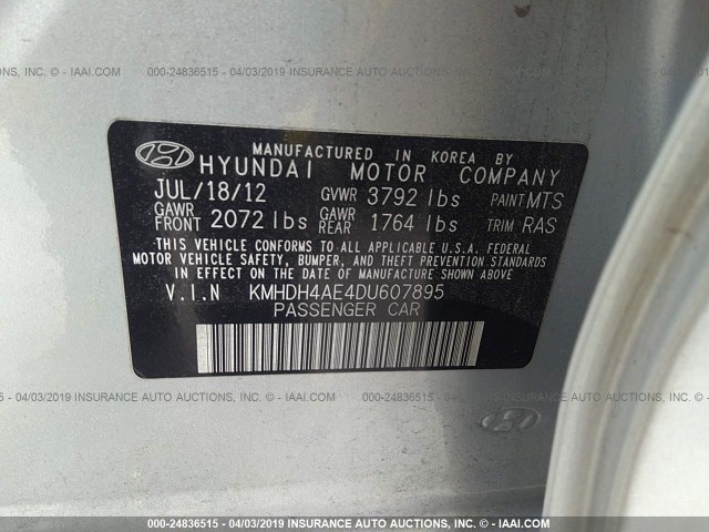 KMHDH4AE4DU607895 - 2013 HYUNDAI ELANTRA GLS/LIMITED SILVER photo 9