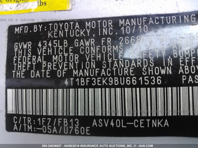 4T1BF3EK9BU661536 - 2011 TOYOTA CAMRY SE/LE/XLE 银色 照片 9