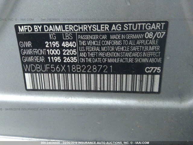 WDBUF56X18B228721 - 2008 MERCEDES-BENZ E 350 SILVER photo 9