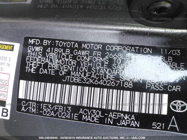 JTDBE32K640267188 - 2004 TOYOTA CAMRY LE/XLE Grau Foto 9