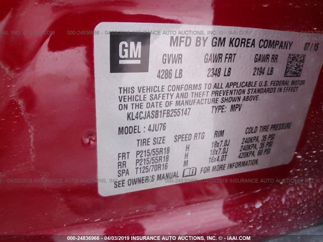 KL4CJASB1FB255147 - 2015 BUICK ENCORE RED photo 9