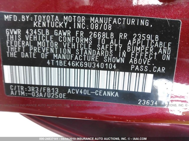 4T1BE46K69U340104 - 2009 TOYOTA CAMRY SE/LE/XLE RED photo 9