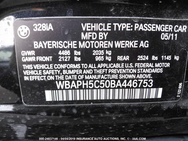 WBAPH5C50BA446753 - 2011 BMW 328 I SULEV BLACK photo 9