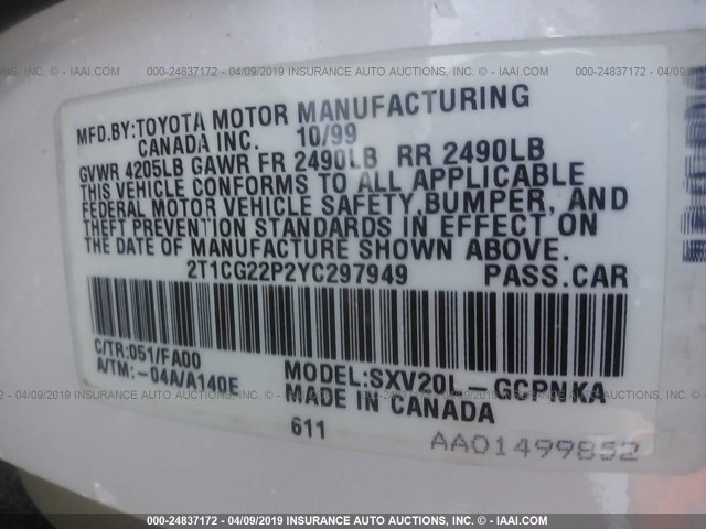 2T1CG22P2YC297949 - 2000 TOYOTA CAMRY SOLARA SE WHITE photo 9