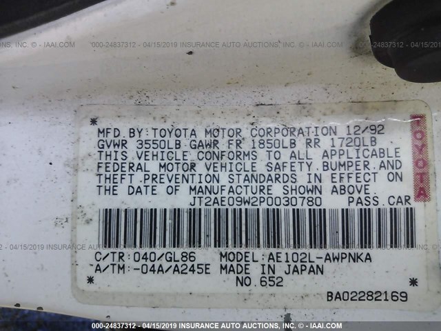 JT2AE09W2P0030780 - 1993 TOYOTA COROLLA DX WHITE photo 9