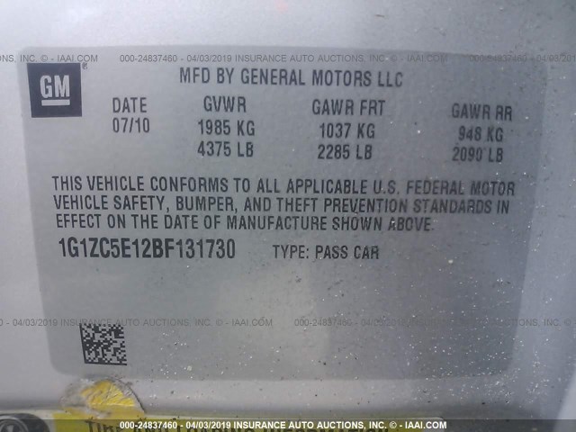 1G1ZC5E12BF131730 - 2011 CHEVROLET MALIBU 1LT SILVER photo 9