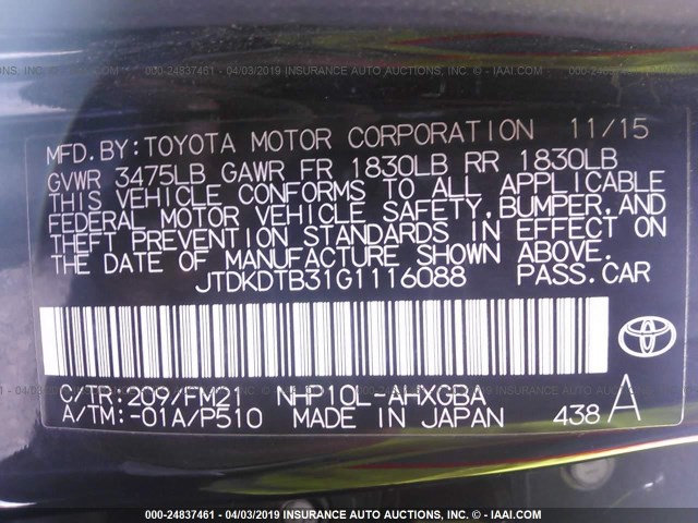 JTDKDTB31G1116088 - 2016 TOYOTA PRIUS C BLACK photo 9