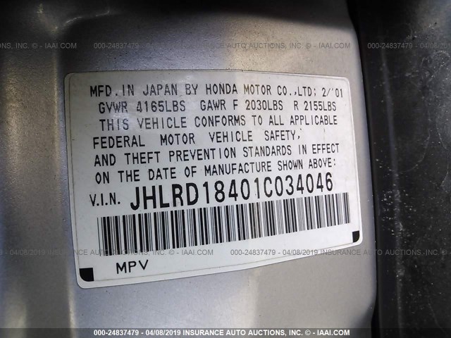 JHLRD18401C034046 - 2001 HONDA CR-V LX SILVER photo 9