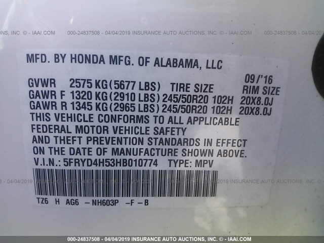 5FRYD4H53HB010774 - 2017 ACURA MDX TECHNOLOGY WHITE photo 9