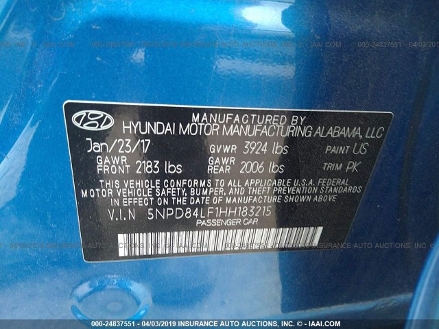 5NPD84LF1HH183215 - 2017 HYUNDAI ELANTRA SE/VALUE/LIMITED BLUE photo 9