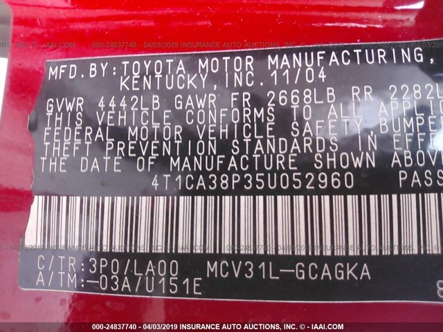 4T1CA38P35U052960 - 2005 TOYOTA CAMRY SOLARA SE/SLE RED photo 9