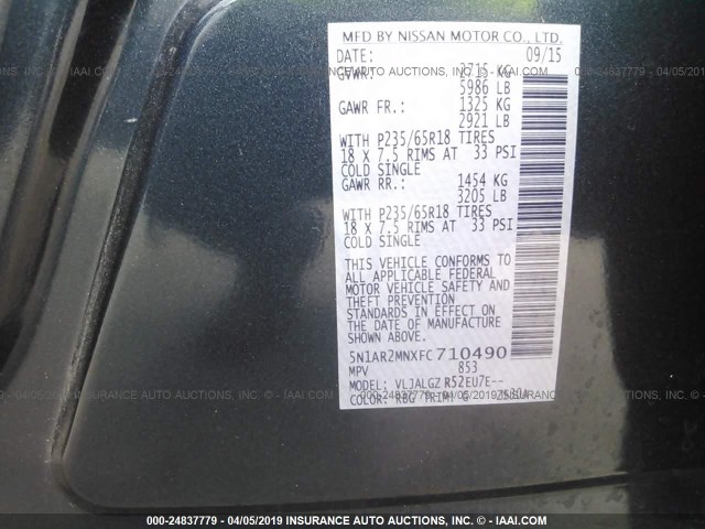 5N1AR2MNXFC710490 - 2015 NISSAN PATHFINDER S/SV/SL/PLATINUM BLUE photo 9