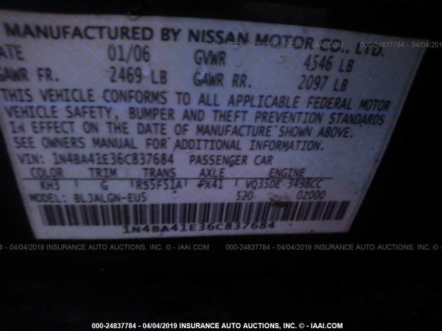 1N4BA41E36C837684 - 2006 NISSAN MAXIMA SE/SL BLACK photo 9