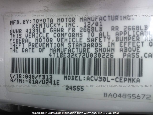 4T1BE32K72U030226 - 2002 TOYOTA CAMRY LE/XLE/SE WHITE photo 9