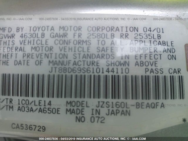 JT8BD69S610144110 - 2001 LEXUS GS 300 SILVER photo 9