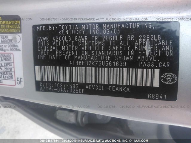 4T1BE32K75U561639 - 2005 TOYOTA CAMRY LE/XLE/SE SILVER photo 9