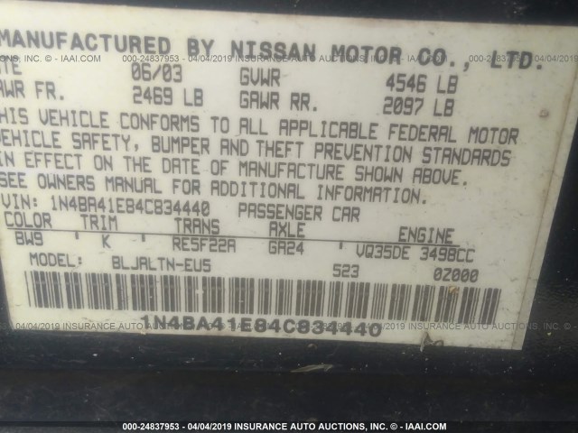 1N4BA41E84C834440 - 2004 NISSAN MAXIMA SE/SL BLUE photo 9