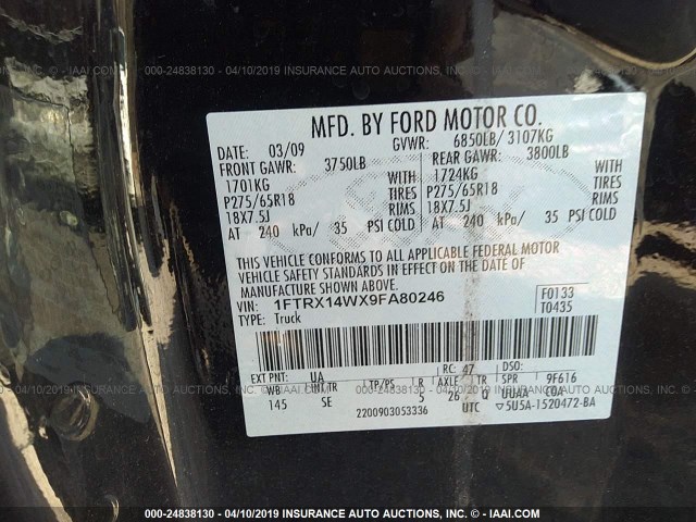 1FTRX14WX9FA80246 - 2009 FORD F150 SUPER CAB BLACK photo 9