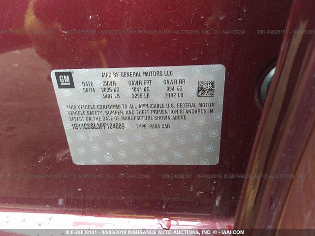 1G11C5SL3FF104089 - 2015 CHEVROLET MALIBU 1LT 栗色 照片 9