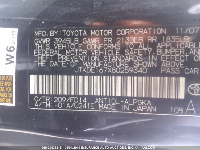 JTKDE167X80259340 - 2008 TOYOTA SCION TC BLACK photo 9