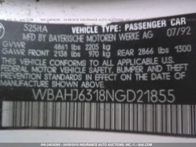 WBAHJ6318NGD21855 - 1992 BMW 525 I AUTOMATIC WHITE photo 9