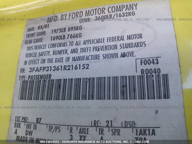 3FAFP31361R216152 - 2001 FORD FOCUS ZX3 BLACK photo 9