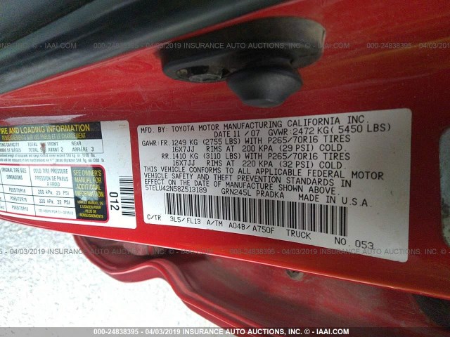 5TELU42N58Z513189 - 2008 TOYOTA TACOMA DOUBLE CAB 红色 照片 9