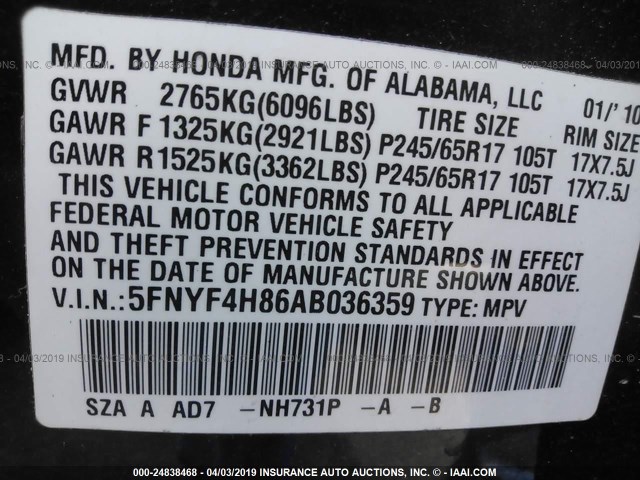 5FNYF4H86AB036359 - 2010 HONDA PILOT TOURING BLACK photo 9