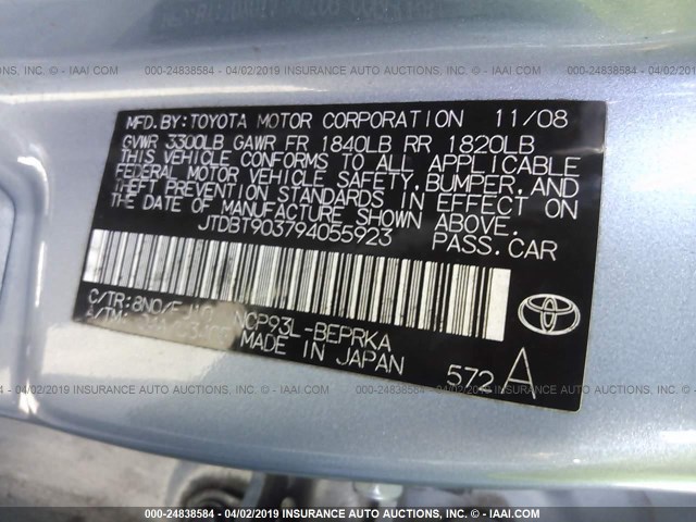 JTDBT903794055923 - 2009 TOYOTA YARIS BLUE photo 9