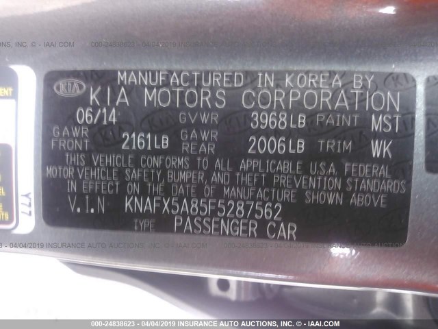 KNAFX5A85F5287562 - 2015 KIA FORTE EX GRAY photo 9