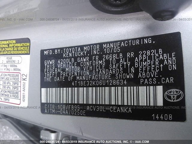 4T1BE32K06U128634 - 2006 TOYOTA CAMRY LE/XLE/SE SILVER photo 9