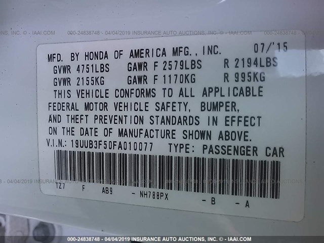 19UUB3F50FA010077 - 2015 ACURA TLX TECH WHITE photo 9