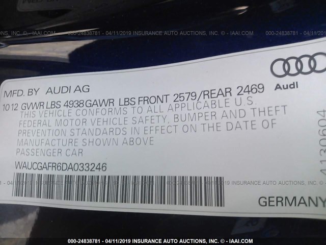 WAUCGAFR6DA033246 - 2013 AUDI S5 PREMIUM PLUS BLUE photo 9