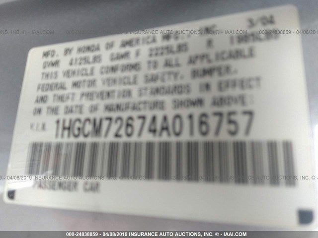 1HGCM72674A016757 - 2004 HONDA ACCORD EX SILVER photo 9