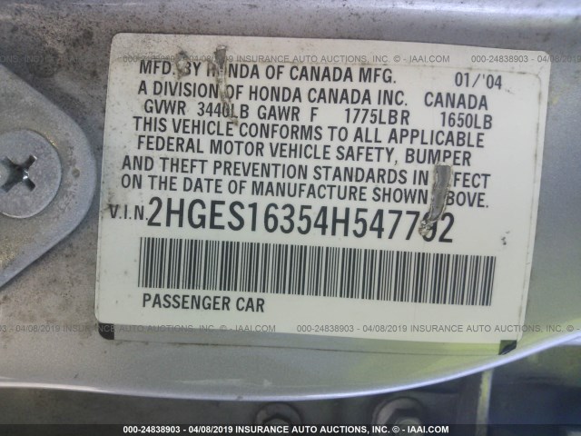 2HGES16354H547792 - 2004 HONDA CIVIC DX VP Gümüş foto 9