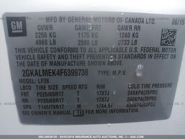 2GKALMEK4F6399738 - 2015 GMC TERRAIN SLE WHITE photo 9