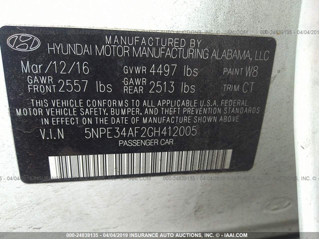 5NPE34AF2GH412005 - 2016 HYUNDAI SONATA SPORT/LIMITED WHITE photo 9