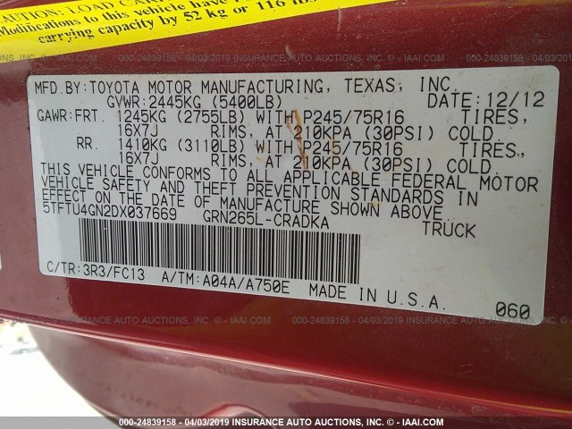 5TFTU4GN2DX037669 - 2013 TOYOTA TACOMA PRERUNNER ACCESS CAB RED photo 9