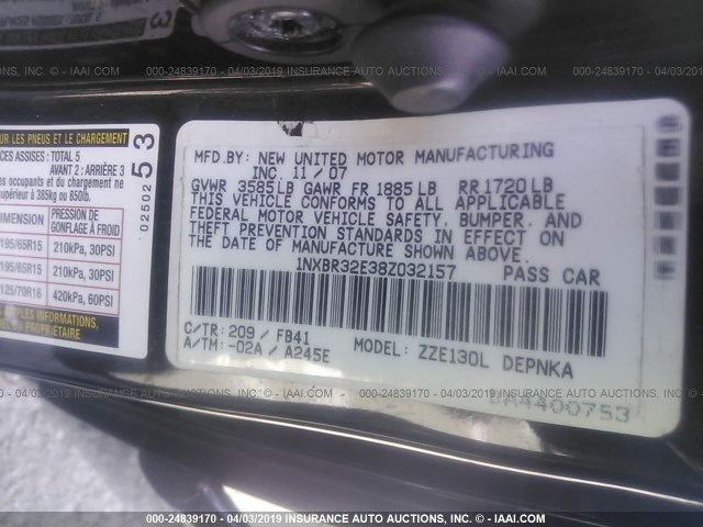 1NXBR32E38Z032157 - 2008 TOYOTA COROLLA CE/LE/S BLACK photo 9