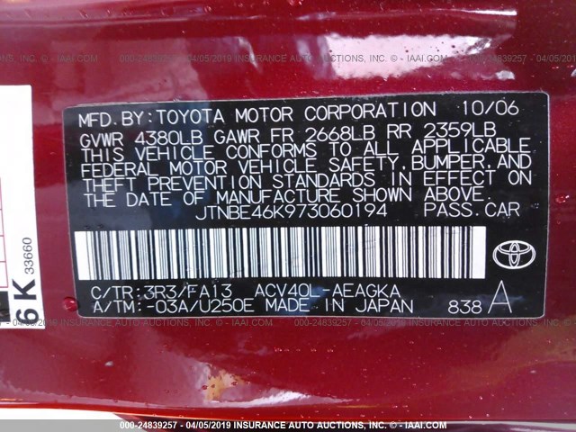 JTNBE46K973060194 - 2007 TOYOTA CAMRY NEW GENERAT CE/LE/XLE/SE RED photo 9