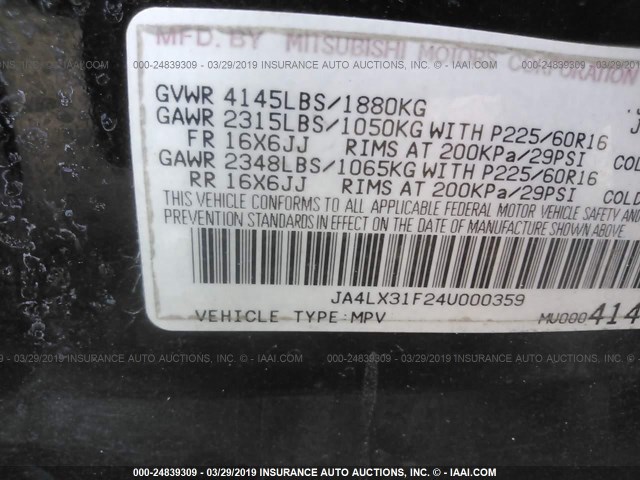 JA4LX31F24U000359 - 2004 MITSUBISHI OUTLANDER LS BLACK photo 9