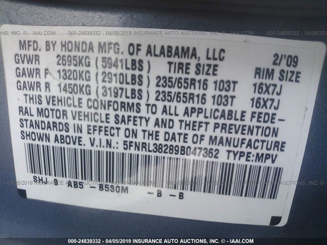 5FNRL38289B047362 - 2009 HONDA ODYSSEY LX BLUE photo 9